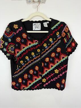 Vintage Michael Simon Embroidered Beaded Cardigan M 90s Art to Wear